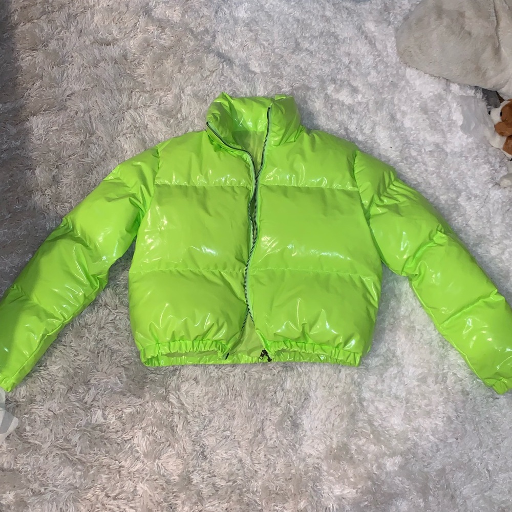 Glossy neon/lime green puffer jacket from Triple Threads